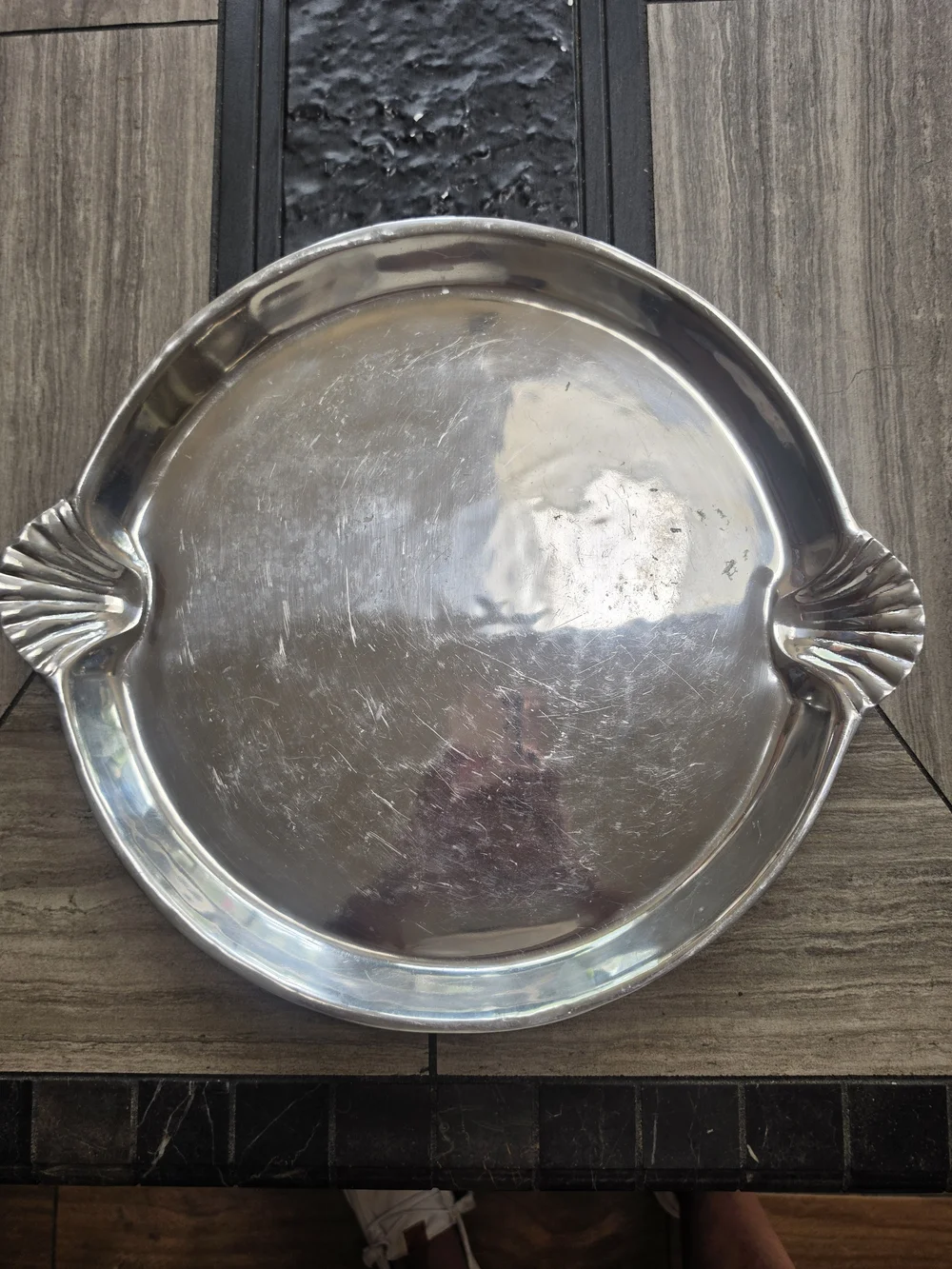 Silver Metal Serving Tray with Shell-Style Handles - Silver